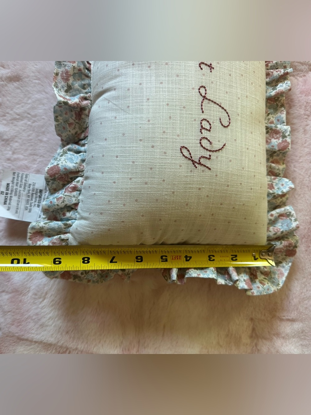 Cream "Crazy Cat Lady" Embroidered Accent Pillow with Floral Ruffle - Picture 3 of 3